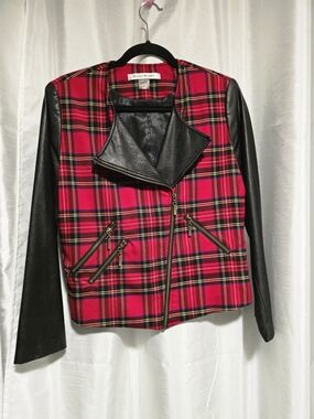 Red Plaid Faux Leather-Sleeve Moto Jacket. Size 10